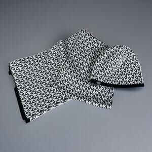 Michael Kors Women's Knit Hat Scarf Set MK Logo Pattern Black Gray Acrylic Beany